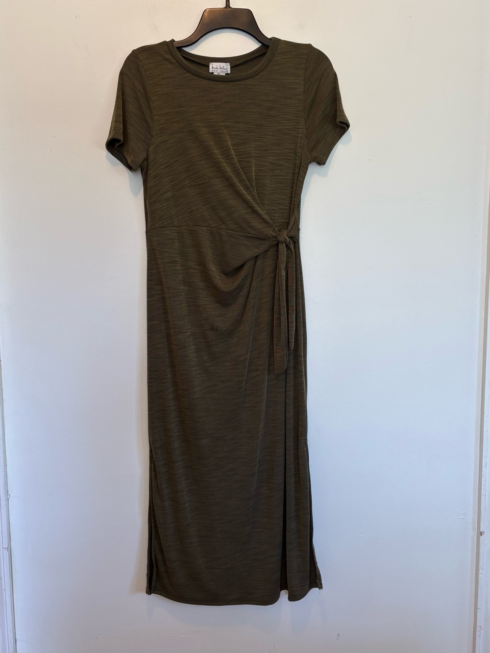 Nicole Miller Olive Midi Dress Side Tie Knot Autumn Short Sleeve